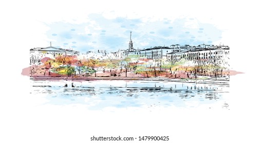 Building view with landmark of Minsk, capital of Belarus. Watercolor splash with Hand drawn sketch illustration in vector.