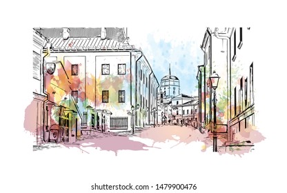 Building view with landmark of Minsk, capital of Belarus. Watercolor splash with Hand drawn sketch illustration in vector.