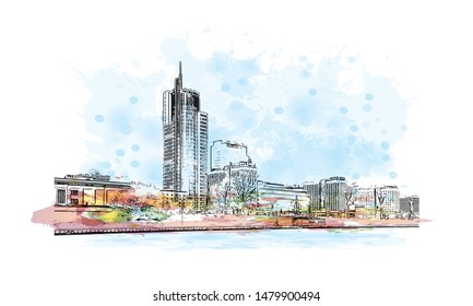 Building view with landmark of Minsk, capital of Belarus. Watercolor splash with Hand drawn sketch illustration in vector.