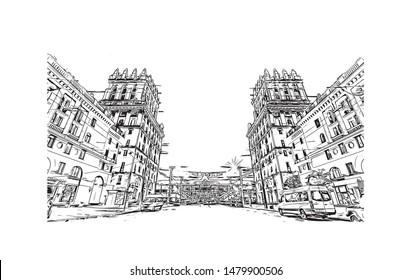 Building view with landmark of Minsk, capital of Belarus. Hand drawn sketch illustration in vector.