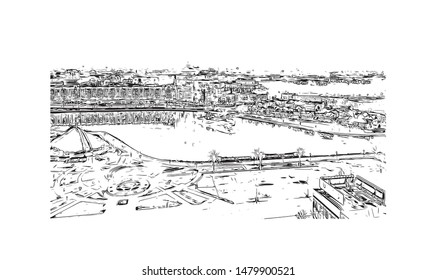 Building view with landmark of Minsk, capital of Belarus. Hand drawn sketch illustration in vector.
