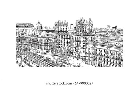 Building view with landmark of Minsk, capital of Belarus. Hand drawn sketch illustration in vector.