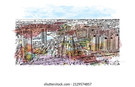 Building view with landmark of Minsk is the 
capital of Belarus. Watercolor splash with hand drawn sketch illustration in vector.