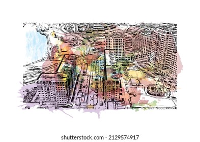 Building view with landmark of Minsk is the 
capital of Belarus. Watercolor splash with hand drawn sketch illustration in vector.