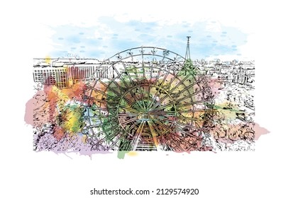 Building view with landmark of Minsk is the 
capital of Belarus. Watercolor splash with hand drawn sketch illustration in vector.