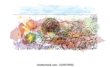 Building view with landmark of Minsk is the 
capital of Belarus. Watercolor splash with hand drawn sketch illustration in vector.