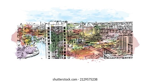Building view with landmark of Minsk is the 
capital of Belarus. Watercolor splash with hand drawn sketch illustration in vector.