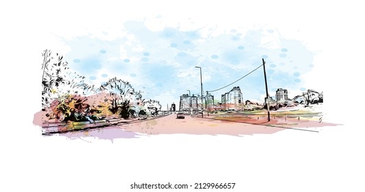 Building view with landmark of Miramar is the 
city in Florida. Watercolor splash with hand drawn sketch illustration in vector.