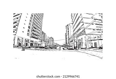 Building view with landmark of Miramar is the 
city in Florida. Hand drawn sketch illustration in vector.