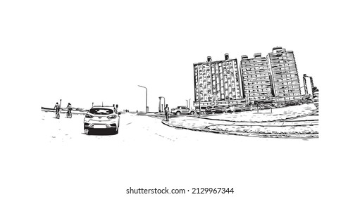 Building view with landmark of Miramar is the 
city in Florida. Hand drawn sketch illustration in vector.