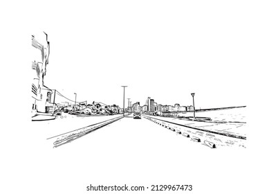 Building view with landmark of Miramar is the 
city in Florida. Hand drawn sketch illustration in vector.