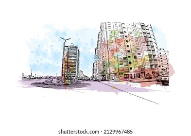 Building view with landmark of Miramar is the 
city in Florida. Watercolor splash with hand drawn sketch illustration in vector.