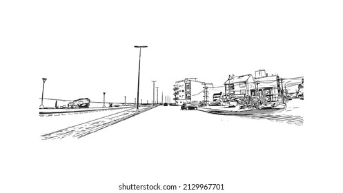 Building view with landmark of Miramar is the 
city in Florida. Hand drawn sketch illustration in vector.