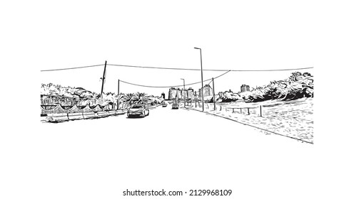 Building view with landmark of Miramar is the 
city in Florida. Hand drawn sketch illustration in vector.