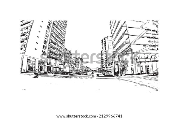 Building view with\
landmark of Miramar is the \
city in Florida. Hand drawn sketch\
illustration in\
vector.