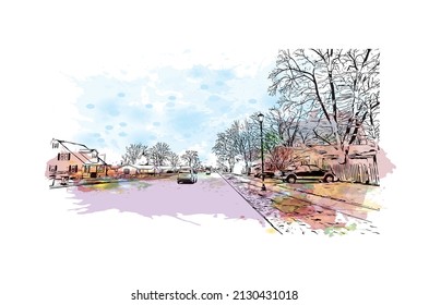 Building view with landmark of Mishawaka is the 
city in Indiana. Watercolor splash with hand drawn sketch illustration in vector.