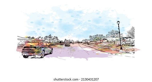 Building view with landmark of Mishawaka is the 
city in Indiana. Watercolor splash with hand drawn sketch illustration in vector.