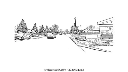 Building view with landmark of Mishawaka is the 
city in Indiana. Hand drawn sketch illustration in vector.