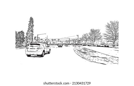 Building view with landmark of Mishawaka is the 
city in Indiana. Hand drawn sketch illustration in vector.