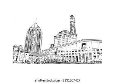 Building View With Landmark Of Mississauga Is The 
City In Canada. Hand Drawn Sketch Illustration In Vector.