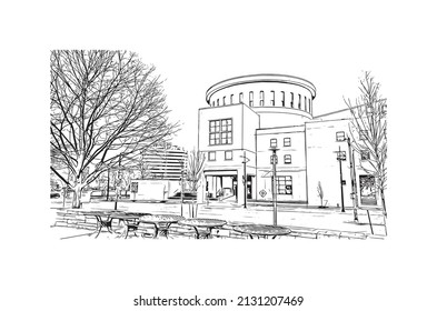Building view with landmark of Mississauga is the 
city in Canada. Hand drawn sketch illustration in vector.