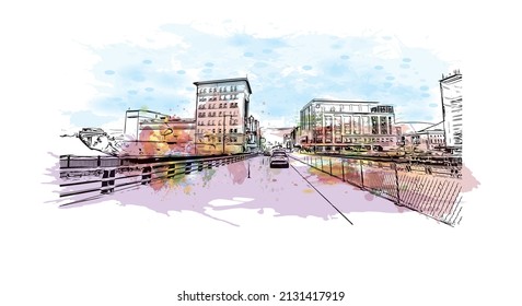 Building view with landmark of Missoula is a city in western Montana. Watercolor splash with hand drawn sketch illustration in vector.