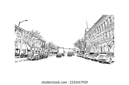 Building view with landmark of Missoula is a city in western Montana. Hand drawn sketch illustration in vector.