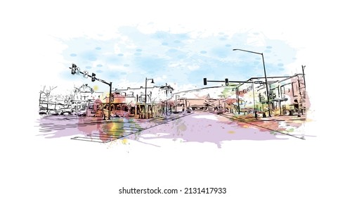 Building view with landmark of Missoula is a city in western Montana. Watercolor splash with hand drawn sketch illustration in vector.