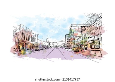 Building view with landmark of Missoula is a city in western Montana. Watercolor splash with hand drawn sketch illustration in vector.