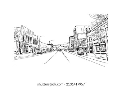 Building view with landmark of Missoula is a city in western Montana. Hand drawn sketch illustration in vector.