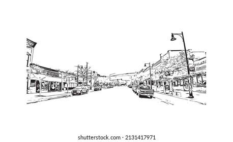 Building view with landmark of Missoula is a city in western Montana. Hand drawn sketch illustration in vector.