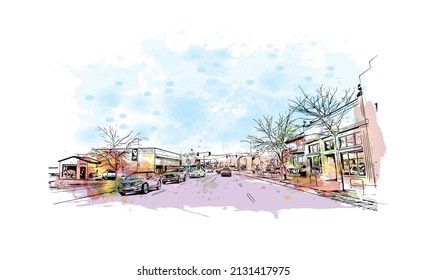 Building view with landmark of Missoula is a city in western Montana. Watercolor splash with hand drawn sketch illustration in vector.