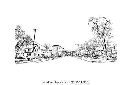 Building view with landmark of Missoula is a city in western Montana. Hand drawn sketch illustration in vector.