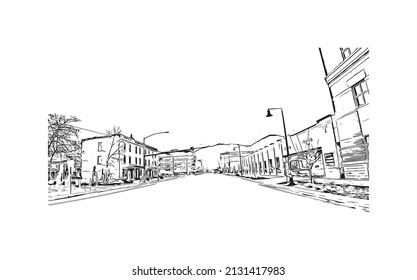 Building view with landmark of Missoula is a city in western Montana. Hand drawn sketch illustration in vector.