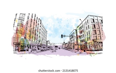 Building view with landmark of Missoula is a city in western Montana. Watercolor splash with hand drawn sketch illustration in vector.