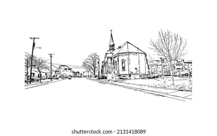 Building view with landmark of Missoula is a city in western Montana. Hand drawn sketch illustration in vector.