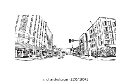 Building view with landmark of Missoula is a city in western Montana. Hand drawn sketch illustration in vector.