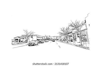 Building view with landmark of Missoula is a city in western Montana. Hand drawn sketch illustration in vector.