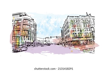 Building view with landmark of Missoula is a city in western Montana. Watercolor splash with hand drawn sketch illustration in vector.