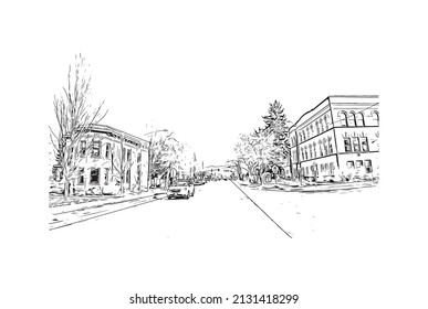 Building view with landmark of Missoula is a city in western Montana. Hand drawn sketch illustration in vector.