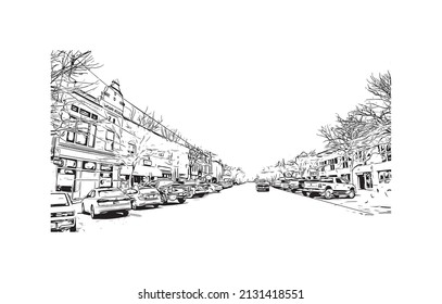 Building view with landmark of Missoula is a city in western Montana. Hand drawn sketch illustration in vector.