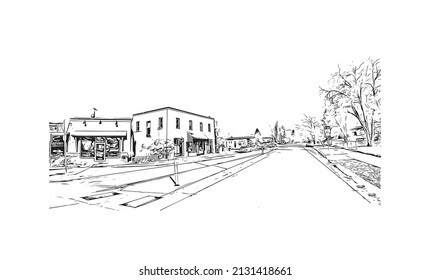 Building view with landmark of Missoula is a city in western Montana. Hand drawn sketch illustration in vector.