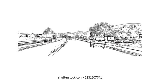 Building view with landmark of Moab is a city in eastern Utah. Hand drawn sketch illustration in vector.