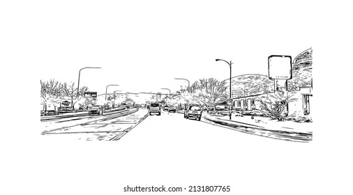 Building view with landmark of Moab is a city in eastern Utah. Hand drawn sketch illustration in vector.