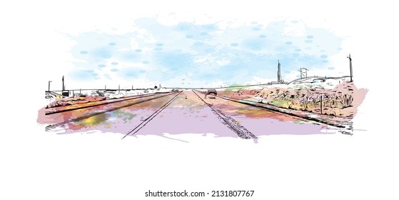 Construir vistas con monumentos de Moab es una ciudad en el este de Utah. Salto de color de agua con ilustración de esbozo dibujada a mano en vector.
