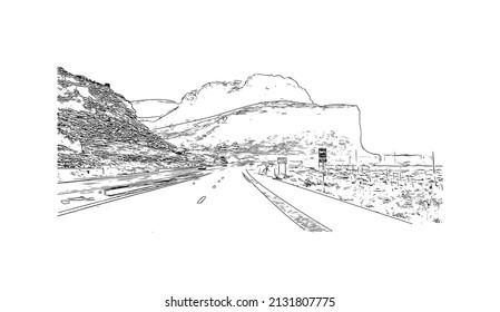 Building view with landmark of Moab is a city in eastern Utah. Hand drawn sketch illustration in vector.