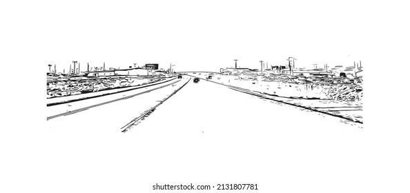 Building view with landmark of Moab is a city in eastern Utah. Hand drawn sketch illustration in vector.