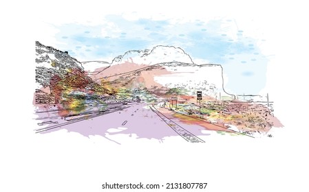 Building view with landmark of Moab is a city in eastern Utah. Watercolor splash with hand drawn sketch illustration in vector.