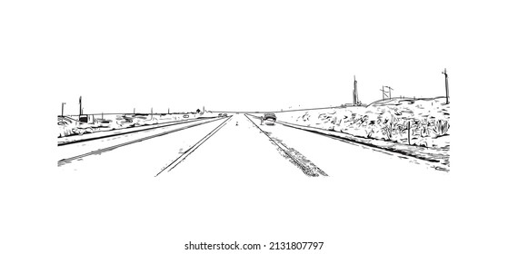 Construir vistas con monumentos de Moab es una ciudad en el este de Utah. Dibujo a mano de ilustración de esbozo en vector.