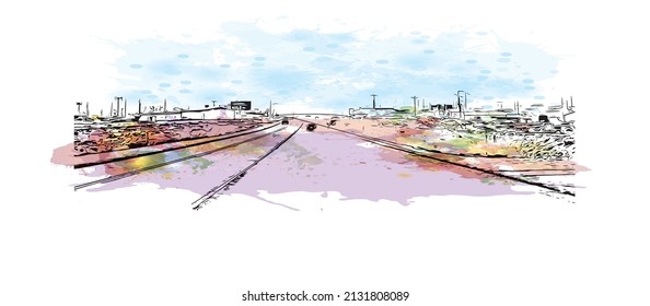 Building view with landmark of Moab is a city in eastern Utah. Watercolor splash with hand drawn sketch illustration in vector.